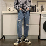 90s fashion men 2024 Black Ripped Jeans Men's Summer Thin Korean Style Trendy Cropped Pants Hong Kong Style Ruffle Handsome Retro Pants