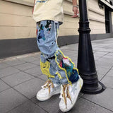 Threebooy drip outfit men High Street American Contrast Color Patch Bird Plum Embroidery Worn Niche Jeans Men's and Women's Same Loose Trousers