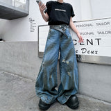 skater boy outfits Vintage Washed Straight Wide-Leg Pants Personalized Ripped Flip-down Jeans High Street Men's Vintage Casual Pants