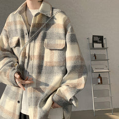 mens outfits 2024 Spring Loose Maillard Woolen Coat Male Student Hong Kong Style Jacket Rock Gray White