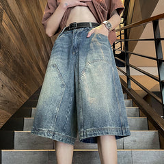 90s streetwear American Retro Workwear Denim Shorts Men's Summer Versatile High Street Vibe Loose Washed Wide-Leg Shorts