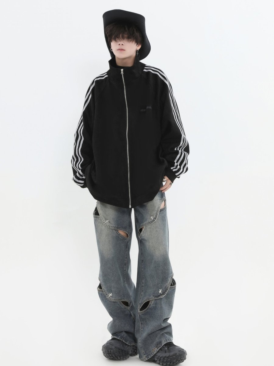 Threebooy [INSstudios] Striped Casual Zipper Jacket na1461