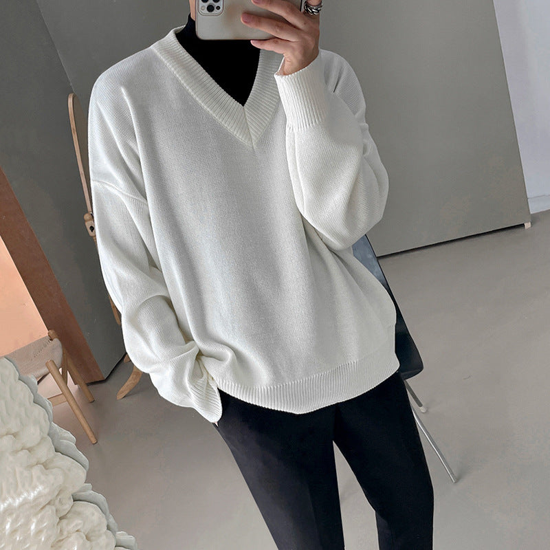 fall outfit men Sweater Men's Autumn and Winter Korean Style Trendy Sweater Jacket Loose Lazy Style White V-neck Pullover Sweater