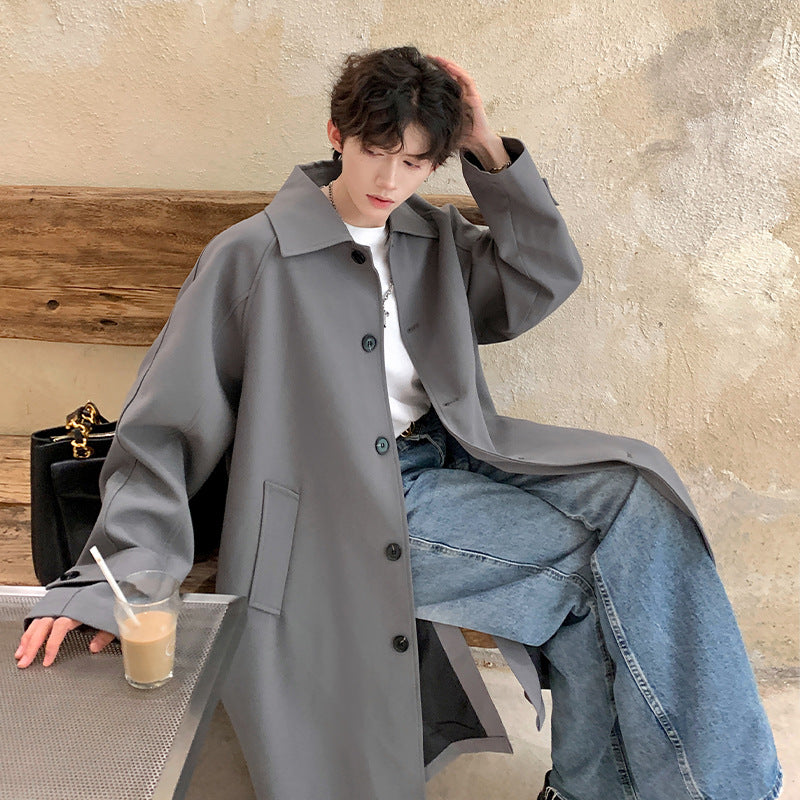 hipster Spring and Autumn Korean Style Windbreaker Men's Handsome All-Match Mid-Length Windbreaker Hong Kong Style Trendy High-Grade Thickened Coat