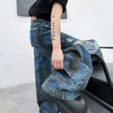 skater boy outfits Vintage Washed Straight Wide-Leg Pants Personalized Ripped Flip-down Jeans High Street Men's Vintage Casual Pants