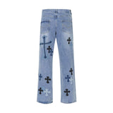 90s streetwear American High Street Original Patch Cross Embroidered Jeans Men's and Women's National Fashion All-Match Slim Slimming Long Pants Fashion