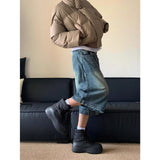 90s streetwear American-Style Retro Washed High Street Stitching Denim Shorts Men's and Women's Summer Wide-Leg Distressed Casual All-Match Cropped Pants