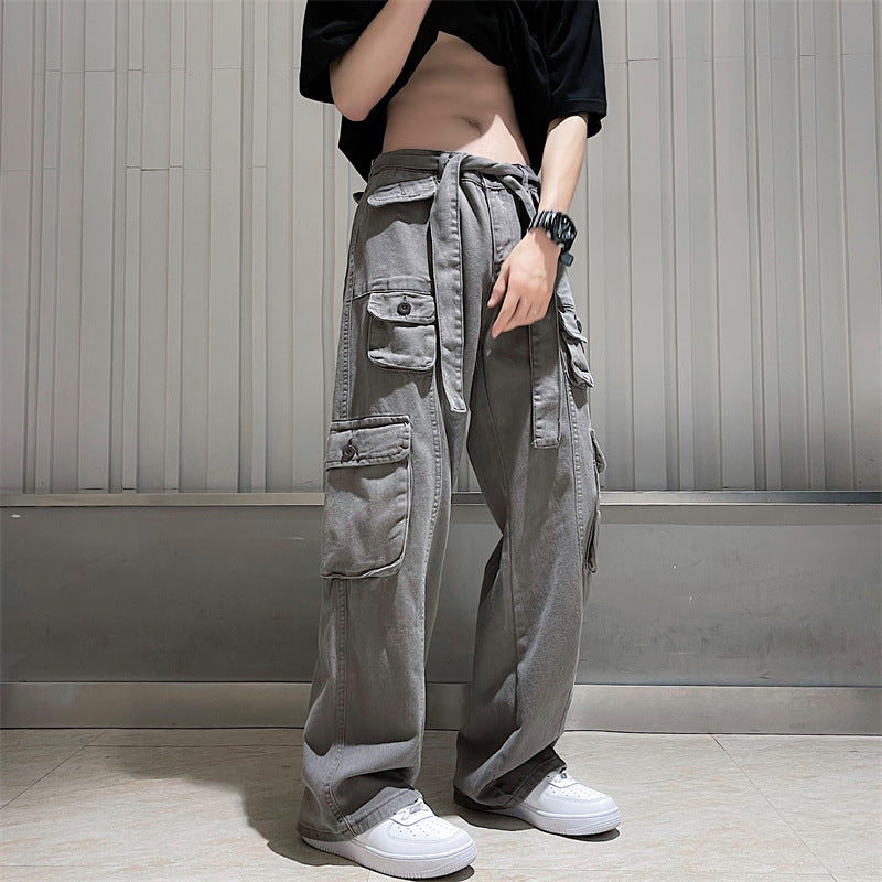 boy outfits American Ins High Street Multi-Pocket Overalls Men's Loose Straight Casual Pants Autumn Drape Wide Leg Pants