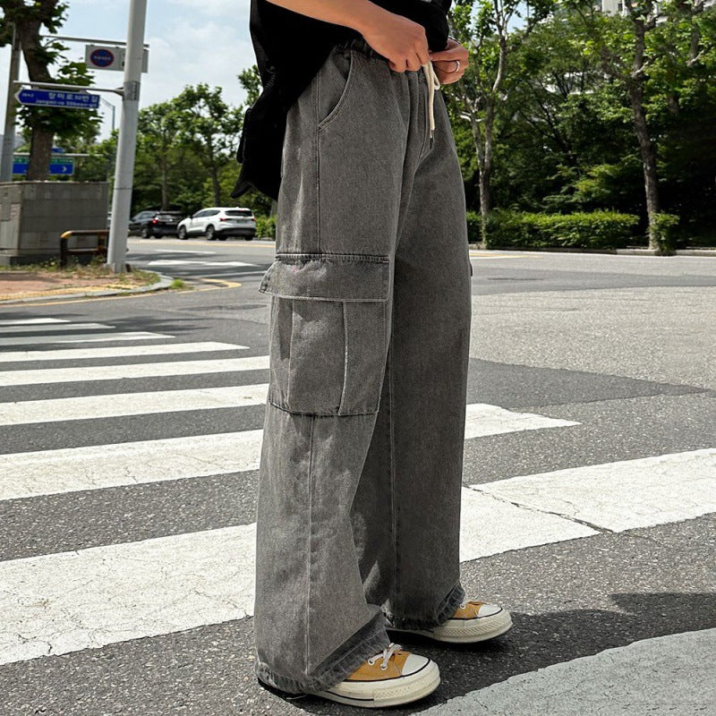 guys fits Vintage Washed Distressed Jeans Men's Summer Loose Overalls Korean Style Trendy Wide Leg Straight Pants