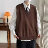 Threebooy boy outfits V-neck Sweater Men's Japanese Style Lazy Retro Men's Knitted Vest Autumn and Winter Loose Hong Kong Style Waistcoat