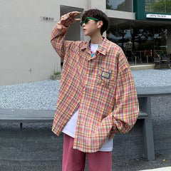 frat outfits Japanese Plaid Shirt Male Couple Student Gentle Long-Sleeved Shirt Niche Shirt Jacket Bottoming Shirt