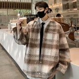 mens outfits 2024 Autumn and Winter New American Retro Contrast Color Plaid Cardigan Coat Men's Lazy Casual Loose Woolen Top