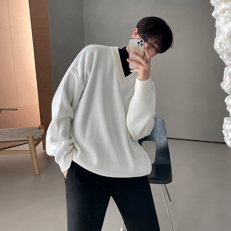 fall outfit men Sweater Men's Autumn and Winter Korean Style Trendy Sweater Jacket Loose Lazy Style White V-neck Pullover Sweater