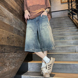 90s streetwear American Retro Workwear Denim Shorts Men's Summer Versatile High Street Vibe Loose Washed Wide-Leg Shorts