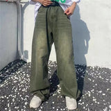 streetwear men outfits High Street Washed Distressed Green Jeans Men's Spring and Autumn Street Hip Hop Loose Wide-Leg Pants Fashion