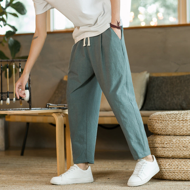 mens fall fashion Summer Casual Pants Men's All-Match Cotton and Linen Loose Linen Pants Korean Style Trendy Cropped Pants Straight Casual Pants