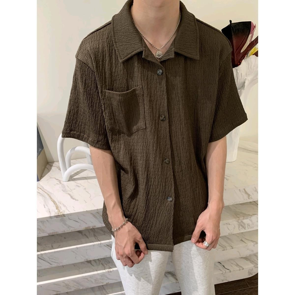 frat boy outfit Korean Style Pleated Texture Short Sleeve Shirt 2024 New Men's High Sense Ins Youth Pointed Collar Popular Korean Style Shirt