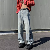 90s streetwear American Retro Zipper Jeans Men's Autumn and Winter 2024 New Washed Straight Flared Pants High Street Vibe