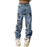 Threebooy 90s streetwear American High Street Original Patch Cross Embroidered Jeans Men's and Women's National Fashion All-Match Slim Slimming Long Pants Fashion