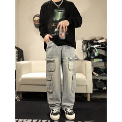 streetwear men outfits American Vibe National Fashion Ins High Street Jeans Men's Design Sense Niche Multi-Pocket Workwear Wide Leg Straight Trousers