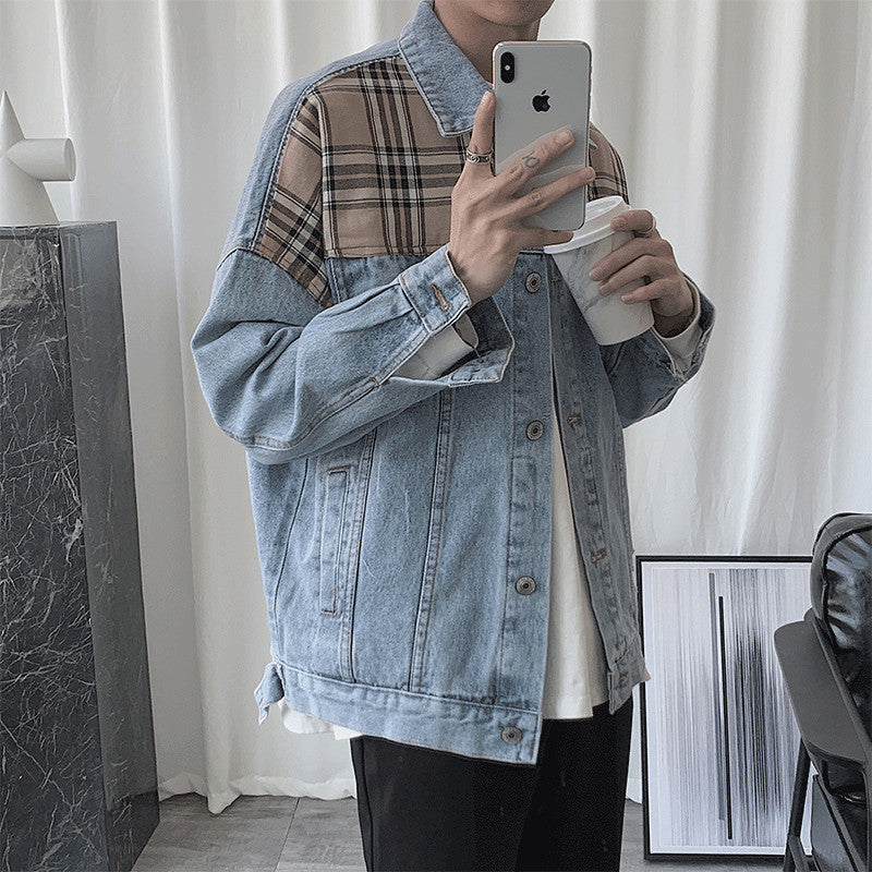 mens outfits Denim Jacket Men's Ins Spring and Autumn Hong Kong Style Korean Style Plaid Stitching Loose Casual Jacket Student Top