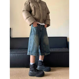 90s streetwear American-Style Retro Washed High Street Stitching Denim Shorts Men's and Women's Summer Wide-Leg Distressed Casual All-Match Cropped Pants