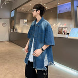 skater boy outfits Denim Short Sleeve Shirt Men's Summer Thin Shirt Five-Point Shirt Loose plus Size Half Sleeve Japanese Retro Top