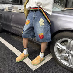 90s streetwear American Retro Creative French Fries Hot Dog Towel Embroidered Denim Shorts Men's and Women's High Street Straight Loose Wide-Leg Shorts