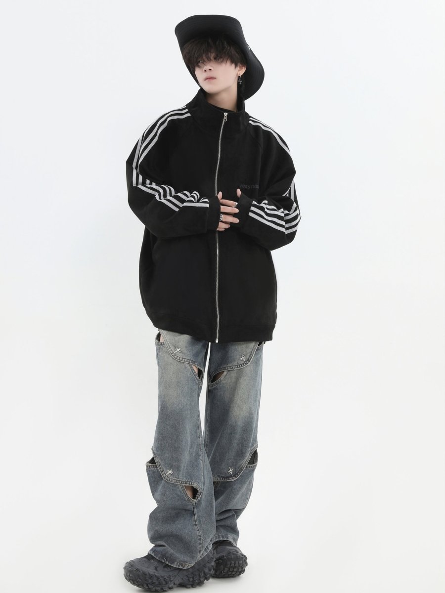 Threebooy [INSstudios] Striped Casual Zipper Jacket na1461