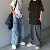 90s fashion men INS Japanese Style Street Retro Draping Loose Wide Leg Casual Large Pocket Workwear Denim Washed Dad Pants Men and Women