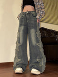 Threebooy skater boy outfits Washed Old Star Patch Jeans for Women 2024 New Retro Draping Loose Wide Leg Mop Pants