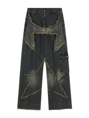skater boy outfits American-Style Retro Multi-Pocket Star Frayed Jeans Men's and Women's Loose Washed Distressed Wide-Leg Pants Summer