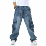 Threebooy 90s fashion men Fat Guy plus Size Fashion Multi-Pocket Wide Jeans plus Size Ins Men's Loose Denim Long Pants