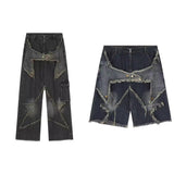 skater boy outfits American-Style Retro Multi-Pocket Star Frayed Jeans Men's and Women's Loose Washed Distressed Wide-Leg Pants Summer