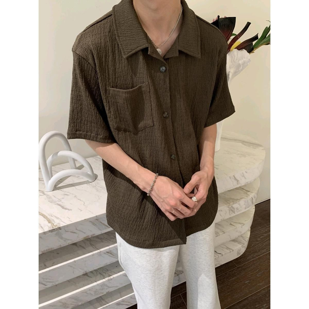 frat boy outfit Korean Style Pleated Texture Short Sleeve Shirt 2024 New Men's High Sense Ins Youth Pointed Collar Popular Korean Style Shirt