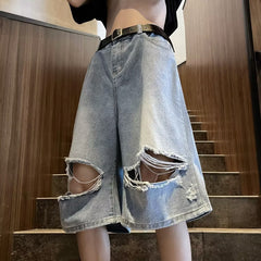 skater boy outfits Summer Fashion Brand Thin Knee Ripped Jeans Men's American-Style Loose Straight Wide-Leg Pants Trendy Shorts