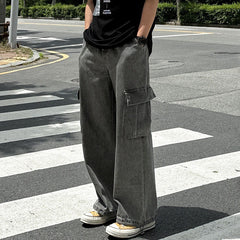 guys fits Vintage Washed Distressed Jeans Men's Summer Loose Overalls Korean Style Trendy Wide Leg Straight Pants