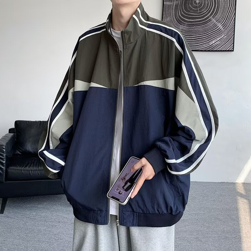 frutiger aero outfits Jacket Jacket Men's Spring and Autumn Stitching Trendy Loose Contrast Color Stand Collar Side Striped American Design Top Clothes