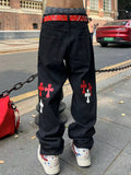 90s streetwear New Original American High Street Cross Jeans Patch All-Match Slim-Fit Stacked Pants Fashion