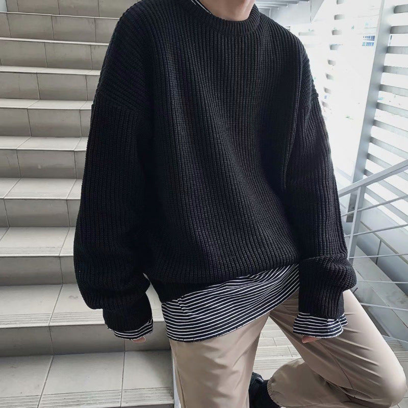 fall mens outfits round Neck Sweater for Male Students Hong Kong Style Mori Korean Style Loose Trendy Thickened Autumn and Winter New Bottoming Knitted Fashion