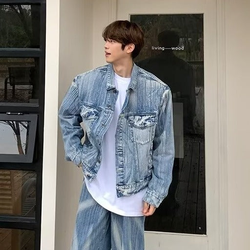 mens fashion New Men's Stitching Back Denim Coat Men's Washed Burr Profile Shoulder Pad Short Jacket Coat