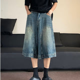 90s streetwear American-Style Retro Washed High Street Stitching Denim Shorts Men's and Women's Summer Wide-Leg Distressed Casual All-Match Cropped Pants