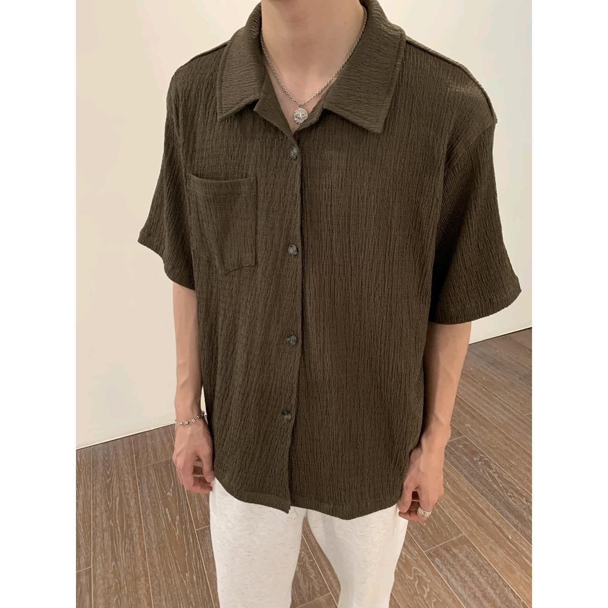 frat boy outfit Korean Style Pleated Texture Short Sleeve Shirt 2024 New Men's High Sense Ins Youth Pointed Collar Popular Korean Style Shirt