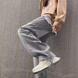 Threebooy 90s streetwear Straight Jeans Men's Spring and Autumn Japanese Men's Washed Blue Loose Wide-Leg Casual Ankle-Tied Pants Men's