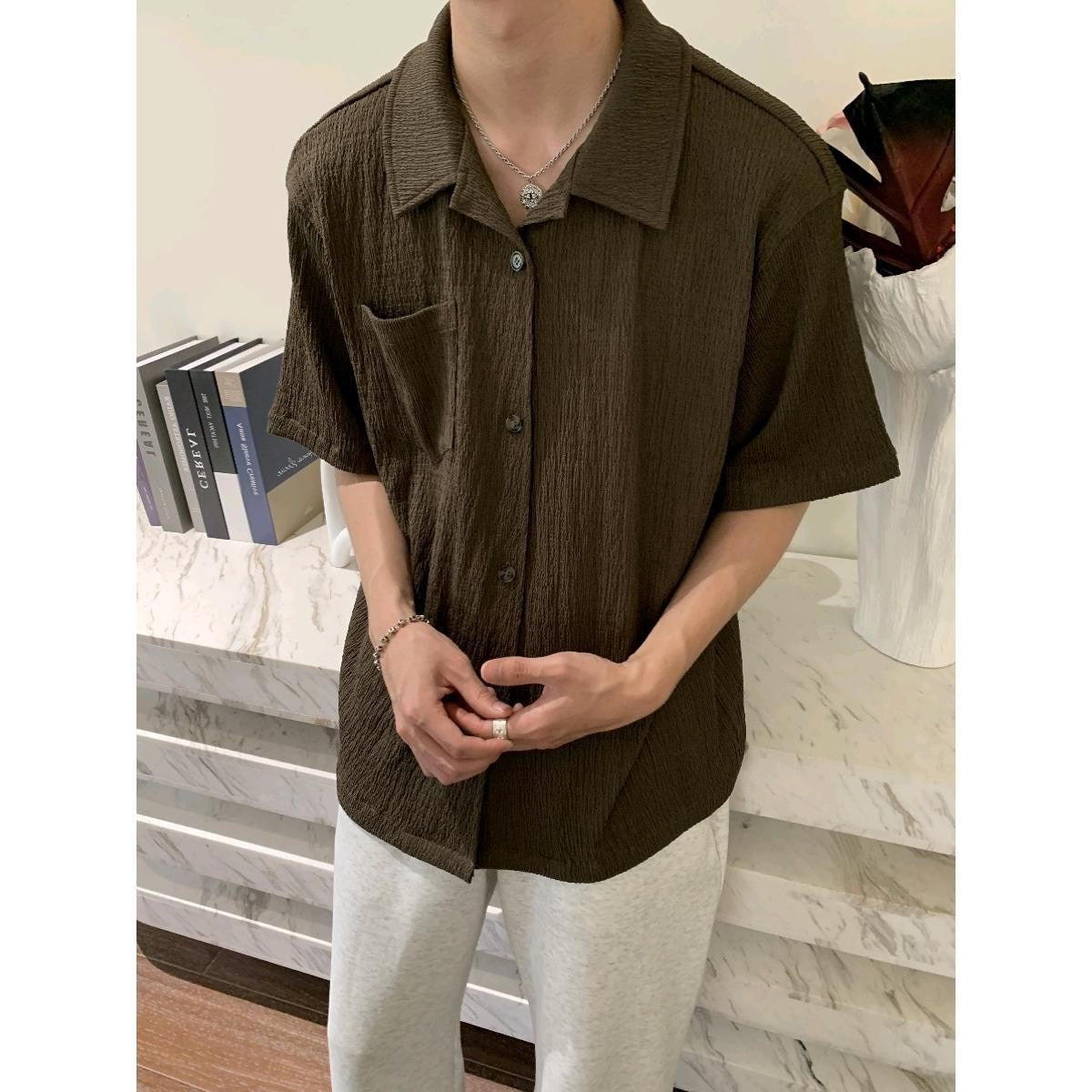 frat boy outfit Korean Style Pleated Texture Short Sleeve Shirt 2024 New Men's High Sense Ins Youth Pointed Collar Popular Korean Style Shirt