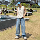 fall mens outfits Light Blue Jeans Men's Simple American Retro Loose Wide-Leg Straight Mop Pants High Street Pants