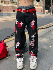 90s streetwear New Original American High Street Cross Jeans Patch All-Match Slim-Fit Stacked Pants Fashion