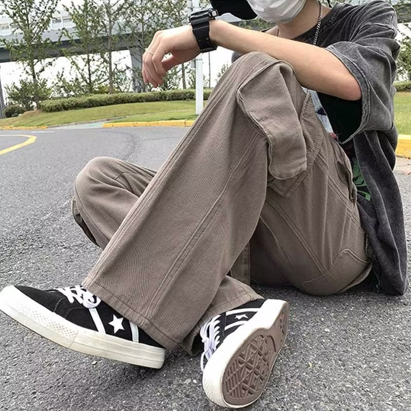 boy outfits Trendy Casual Pants Pants Youth Popular Men's Solid Color Fashion Straight Spring Loose Overalls Mid Waist