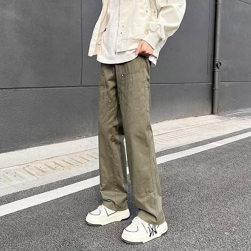 fall outfit men Army Green Logging Pants Men's Autumn American High Street Vibe Straight Pants Loose Ruan Handsome Casual Overalls Boys