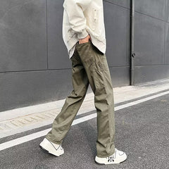 fall outfit men Army Green Logging Pants Men's Autumn American High Street Vibe Straight Pants Loose Ruan Handsome Casual Overalls Boys